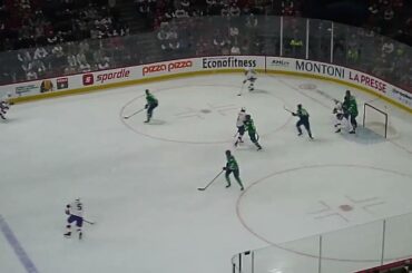 Abbotsford Canucks' Ty Young makes a nice save vs. Lucas Condotta of the Laval Rocket 10/17/25