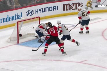 Timo Meier scores a goal against the Florida Panthers