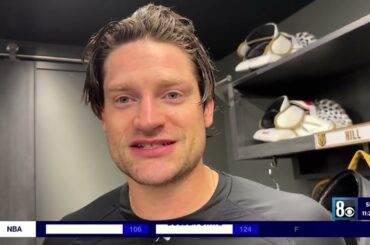 Ron Futrell talks to Knights goalie Adin Hill about his F1 mask - Tue Oct 29, 2024