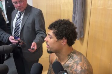 Reaves on Fighting Rempe, Throwing Helmet on Ice for Celebrini's Hat Trick