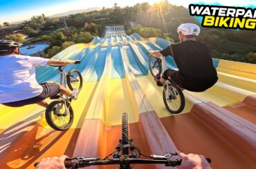 MOUNTAIN BIKING IN A HUGE ABANDONED WATERPARK - FULL SPEED SLIDES!