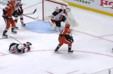 Frank Vatrano scores a goal against the New Jersey Devils