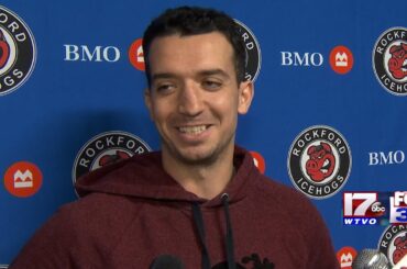 IceHogs captain Brett Seney reacts to Oliver Moore being promoted by the Blackhawks