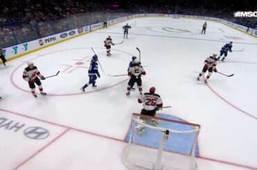 Nikita Kucherov scores a goal against the New Jersey Devils