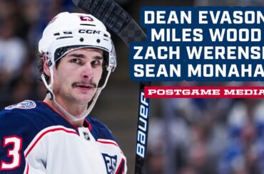 HC Dean Evason, Miles Wood, Zach Werenski and Sean Monahan, CBJ @ Red Wings  | Postgame Media