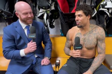 Ryan Reaves Reacts to Celebrini's Hat Trick against Utah