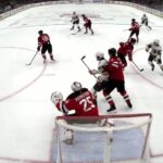 Shea Theodore scores a goal against the New Jersey Devils