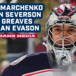 Kirill Marchenko, Damon Severson, Jet Greaves & HC Dean Evason - CBJ @ Capitals |  Postgame Media