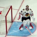 Petr Mrazek warms up during the Blackhawks @ Senators hockey game