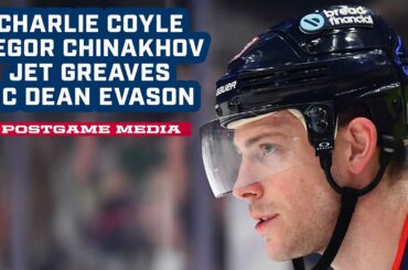Charlie Coyle, Yegor Chinakhov, Jet Greaves and Head Coach Dean Evason | Postgame Media