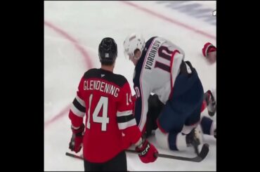 Brenden Dillon needed help getting off the ice after an altercation with Dmitri Voronkov #nhl