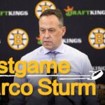 Marco Sturm talks with the media after the Bruins fall 5-4 in a SO vs. VAN