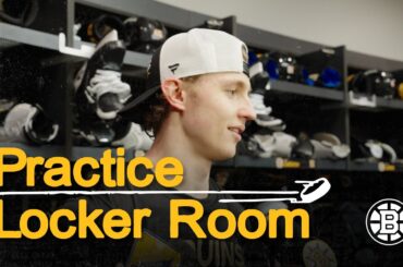 Vladislav Kolyachonok talks after practice at TD Garden