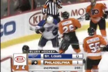 David Perron Runs Over Danny Svyret 11/7/2009