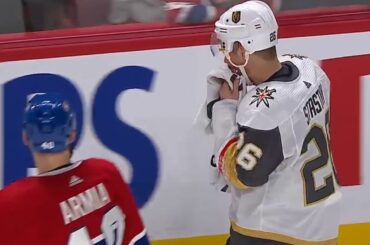 Paul Stastny picks up his teeth off the ice and leaves the ice after taking a puck to the mouth