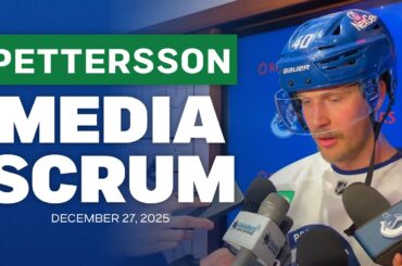 Elias Pettersson speaks with media as he returns to the Canucks lineup against the San Jose Sharks