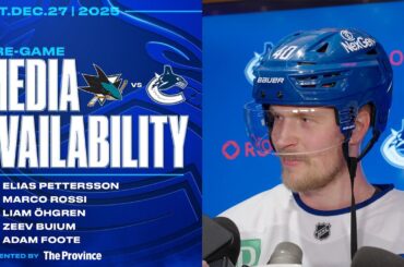 Pettersson, Rossi, Öhgren, Buium & Adam Foote Pre-Game Media | Canucks vs. Sharks (Dec 27, 2025)