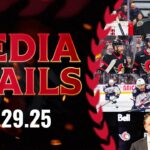 Leevi Meriläinen, Shane Pinto, Jake Sanderson, Travis Green Postgame Media vs CBJ