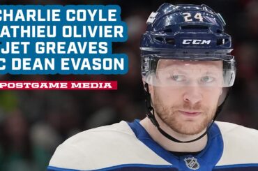 Charlie Coyle, Mathieu Olivier, Jet Greaves and HC Dean Evason -  CBJ vs. Devils | Postgame Media