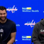 Tom Wilson and Logan Thompson talk after being named to Team Canada