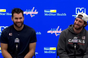 Tom Wilson and Logan Thompson talk after being named to Team Canada