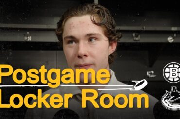 Jeremy Swayman and Fraser Minten talk after the Bruins beat the Canucks in OT
