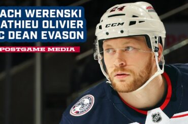 Zach Werenski, Mathieu Olivier and Head Coach Dean Evason - Blue Jackets @ Sharks | Postgame Media