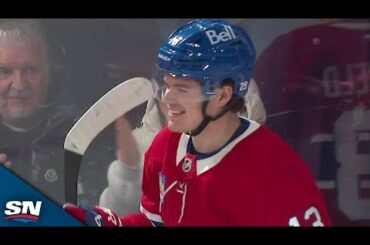 Canadiens' Cole Caufield Bats Down Pass And Snipes Perfect Shot Past Flames' Dustin Wolf