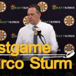 Marco Sturm speaks with media after 10-2 win over Rangers