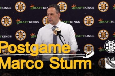 Marco Sturm speaks with media after 10-2 win over Rangers