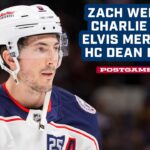 Zach Werenski, Charlie Coyle, Elvis Merzlikins & HC Dean Evason -  CBJ @ Avalanche | Postgame Media