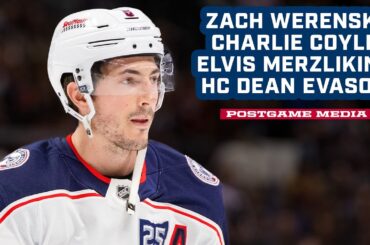 Zach Werenski, Charlie Coyle, Elvis Merzlikins & HC Dean Evason -  CBJ @ Avalanche | Postgame Media