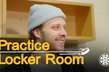 E. Lindholm, McAvoy, and Pastrnak speak with the media after practice in VAN