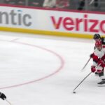 Andrei Svechnikov scores a goal against the New Jersey Devils