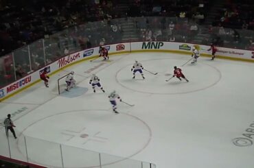 Utica Comets' Nico Daws makes a breakaway save vs. Florian Xhekaj of the Laval Rocket 1/2/26