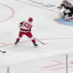 Jackson Blake scores a goal against the New Jersey Devils