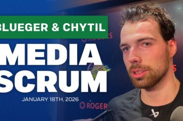 Canucks’ Teddy Blueger and Filip Chytil speak with media as they near returning to the lineup