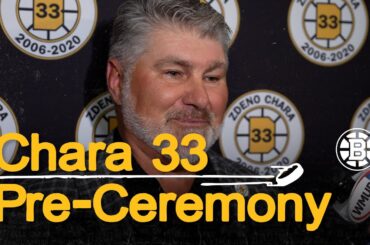 Ray Bourque & Patrice Bergeron speak to the media before the Chara retirement ceremony at TD Garden.