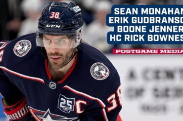 Sean Monahan, Erik Gudbranson, Boone Jenner and Head Coach Rick Bowness | Postgame Media