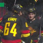 Linus Karlsson scores a goal against the New Jersey Devils