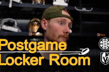 Charlie McAvoy, Joonas Koprisalo, David Pastrnak, and Tanner Jeannot react after 4-3 W vs. VGK