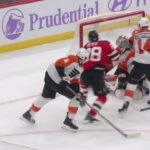 Timo Meier scores a powerplay goal against the Philadelphia Flyers
