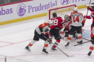 Timo Meier scores a powerplay goal against the Philadelphia Flyers