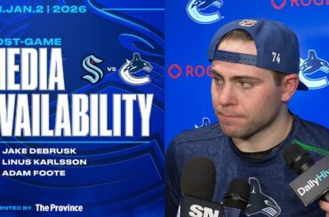 Jake DeBrusk, Linus Karlsson & Adam Foote Post-Game Media | Canucks vs. Kraken (Jan 2, 2026)