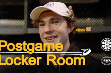 Swayman, Geekie, Minten, and Pastrnak speak with the media following 4-3 W vs MTL