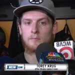 Torey Krug on missed tripping call on Acciari: 'It's a penalty everytime'