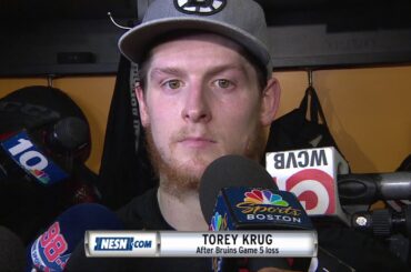 Torey Krug on missed tripping call on Acciari: 'It's a penalty everytime'