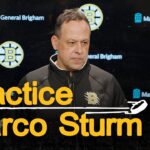 Marco Sturm speaks with media after practice on Friday