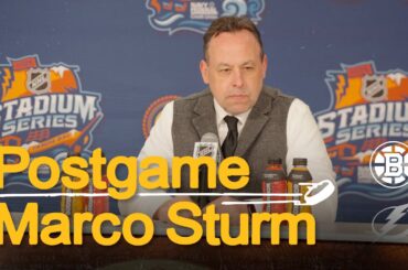 Marco Sturm speaks to the media after the Bruins SO loss to the Lightning at the Stadium Series game