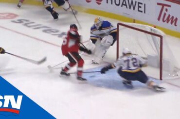 St. Louis Blues’ Jake Allen Misplays Puck Giving Vitaly Abramov His First NHL Goal